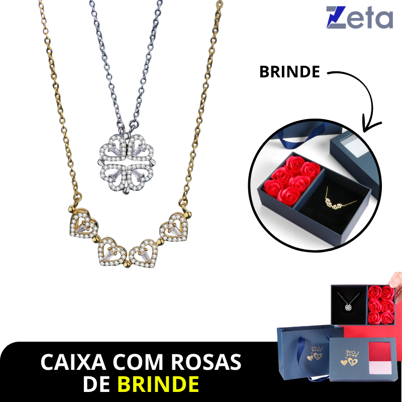 Colar Trevo de Coração Zircôrnia + Caixa com 6 Rosas